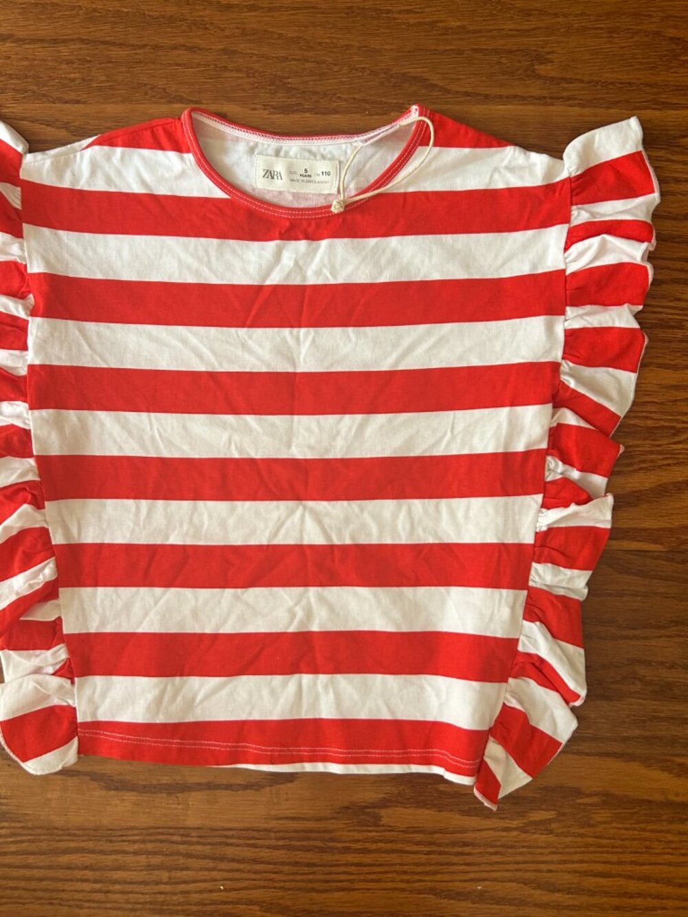 NWOT Zara Little Girls Red and White Striped Ruffle Sleeve Tee Size 5 5T New - Picture 3 of 13